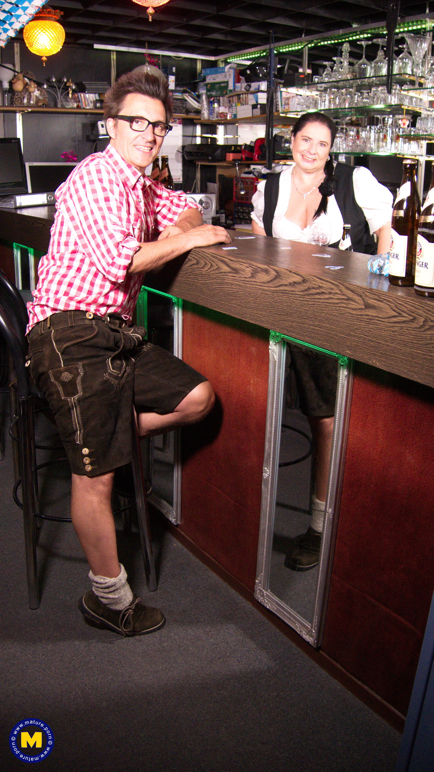 Big breasted German Waitress serving beer and giving head